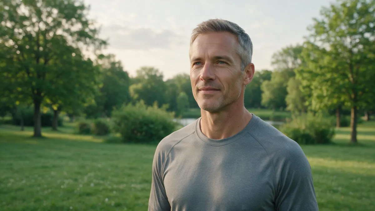 Homme d'environ 50 ans en pleine forme dans un parc avec une vitalité renouvelée