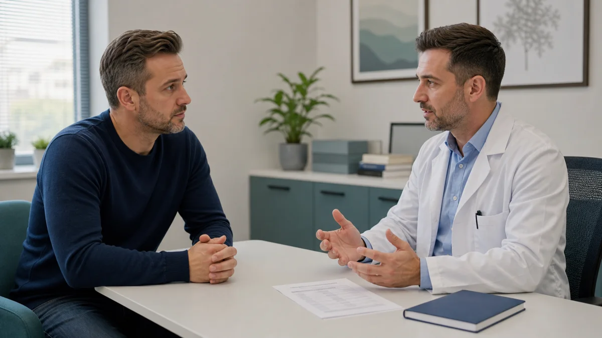 Homme adulte en consultation avec un médecin dans une clinique pour un bilan hormonal complet