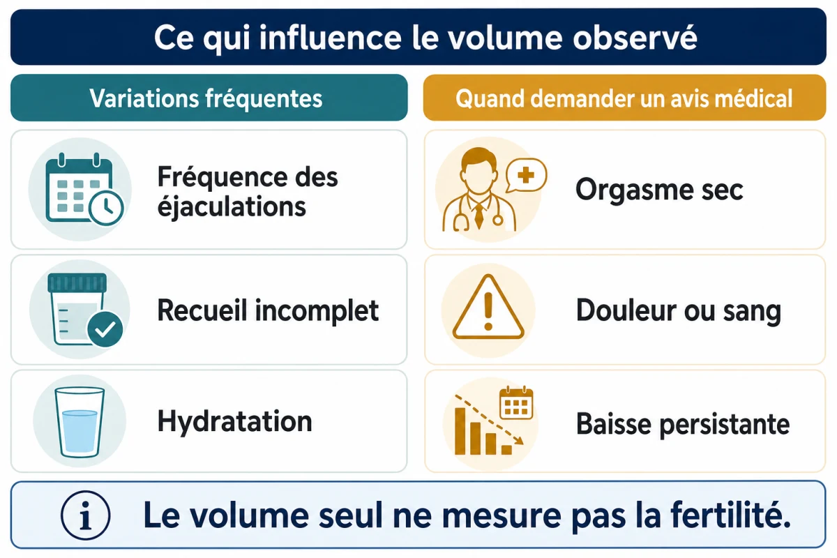 Infographie distinguant les variations fréquentes du volume de sperme et les signes justifiant un avis médical