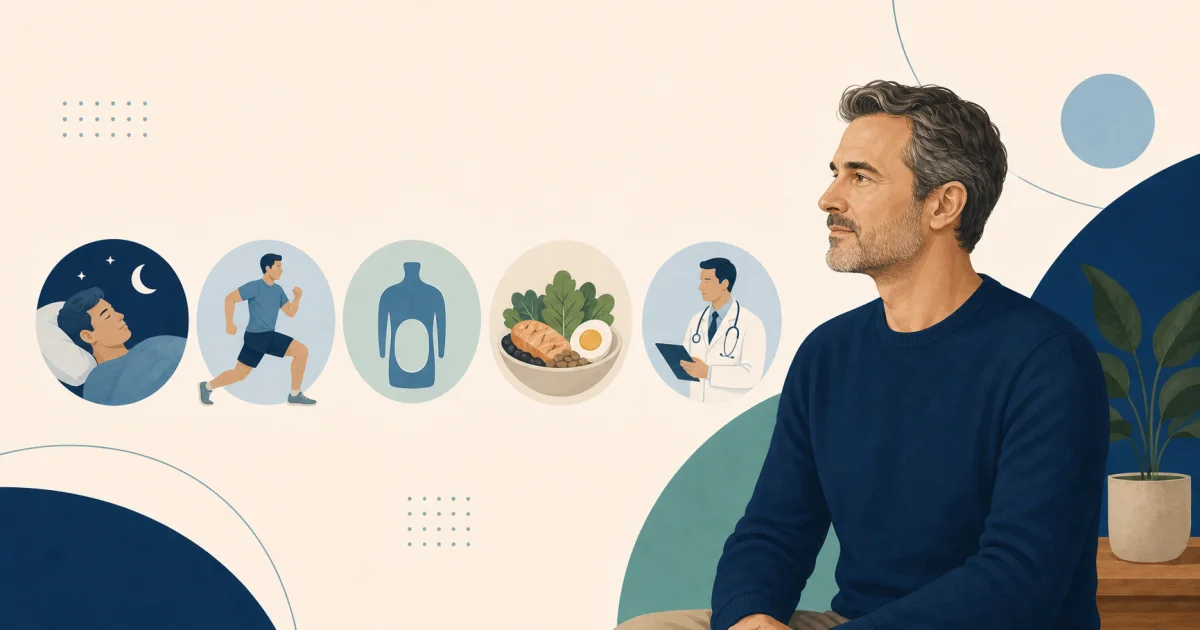 Homme après 40 ans entouré des principaux leviers liés à l'hormone de croissance : sommeil, exercice, composition corporelle, alimentation et suivi médical