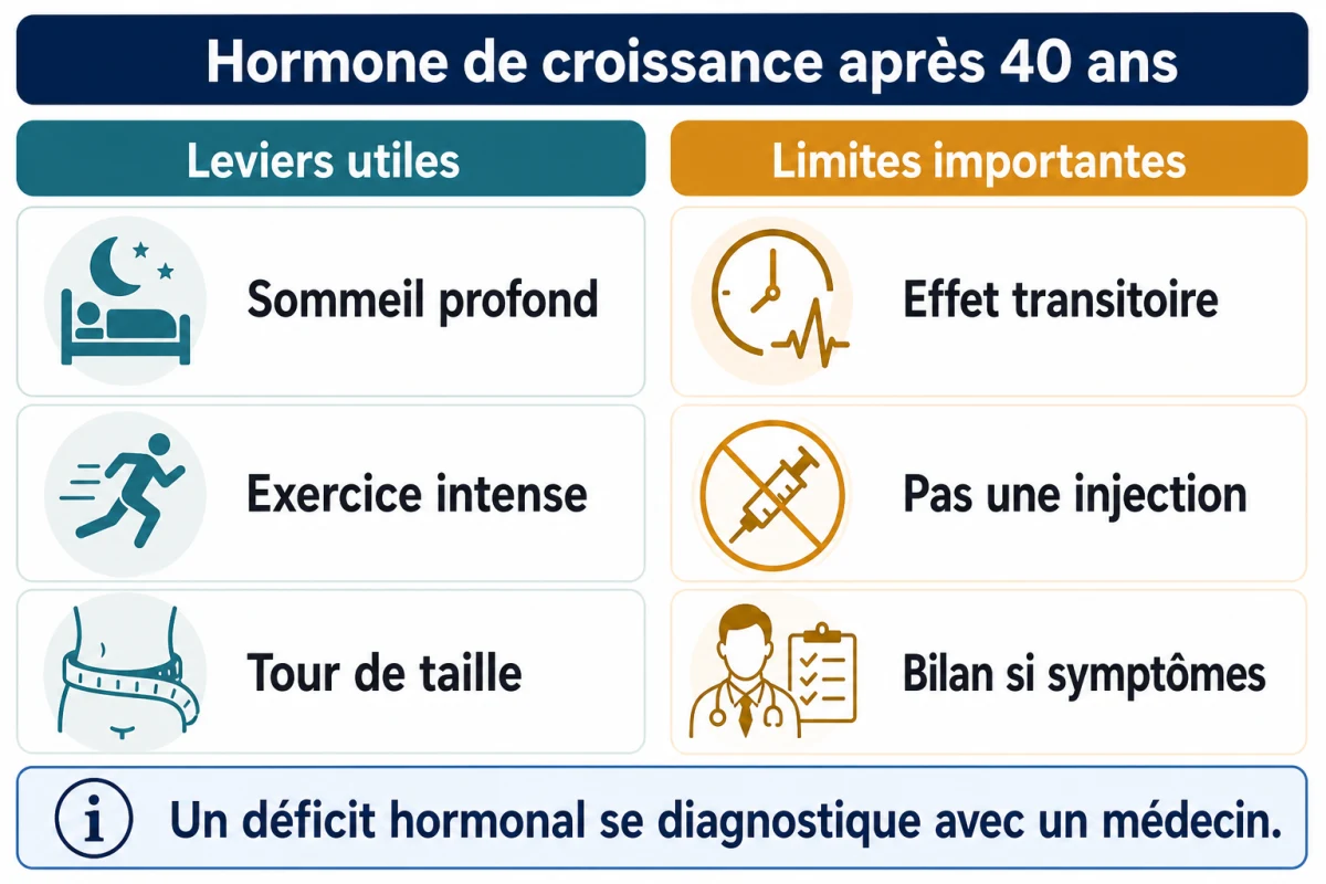 Infographie sur les leviers naturels et les limites concernant l'hormone de croissance après 40 ans